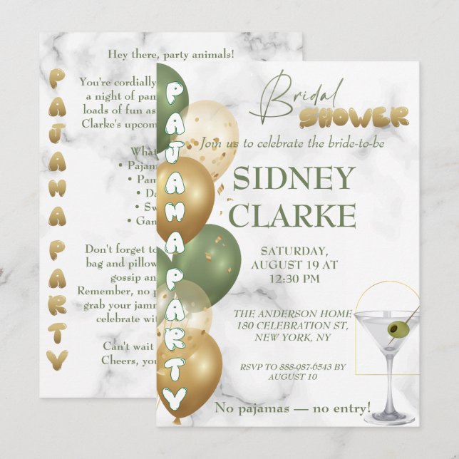 Bridal Shower. Pajama party Invitation (Front/Back)