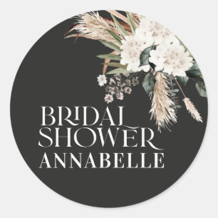 Bridal shower pampas black modern party favour classic round sticker