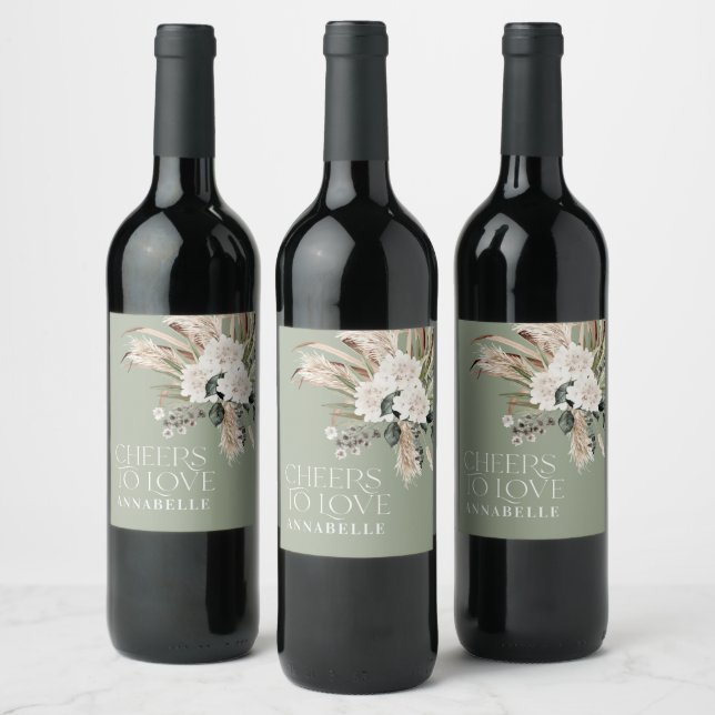 Bridal shower pampas boho sage green modern chic wine label (Bottles)