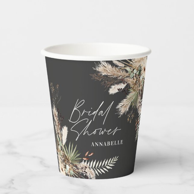 Bridal shower pampas eucalyptus modern black paper cups (Front)