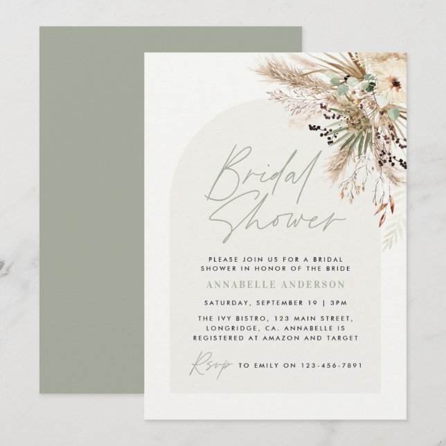 Bridal shower pampas eucalyptus modern sage green invitation (Front/Back)