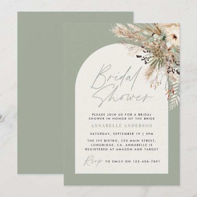 Bridal shower pampas eucalyptus modern sage green invitation (Front/Back)