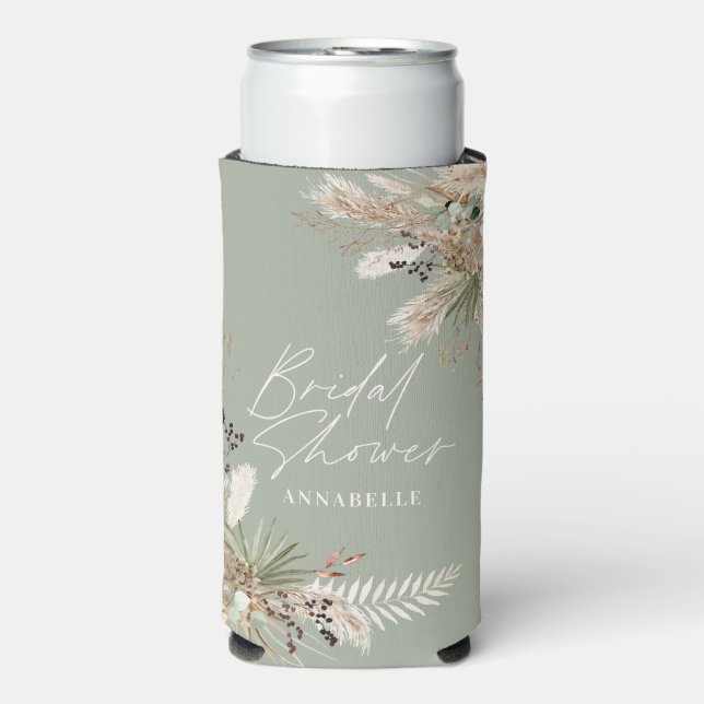 Bridal shower pampas eucalyptus modern sage green seltzer can cooler (Seltzer Front)