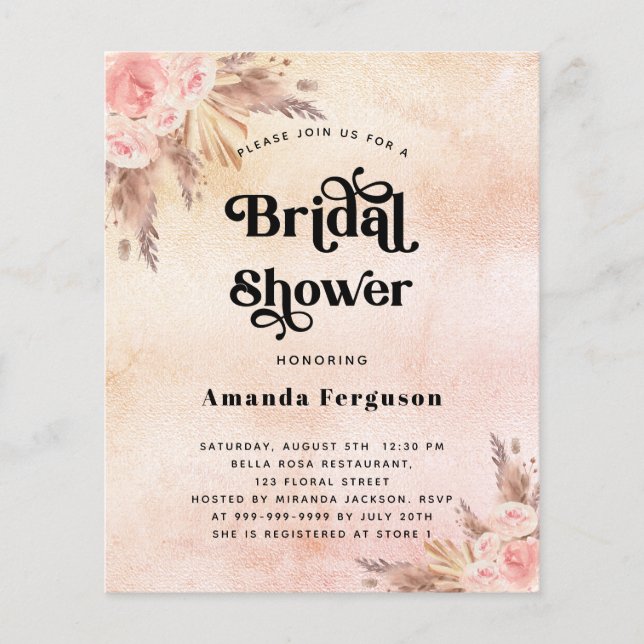 Bridal Shower pampas grass blush budget invitation Flyer (Front)