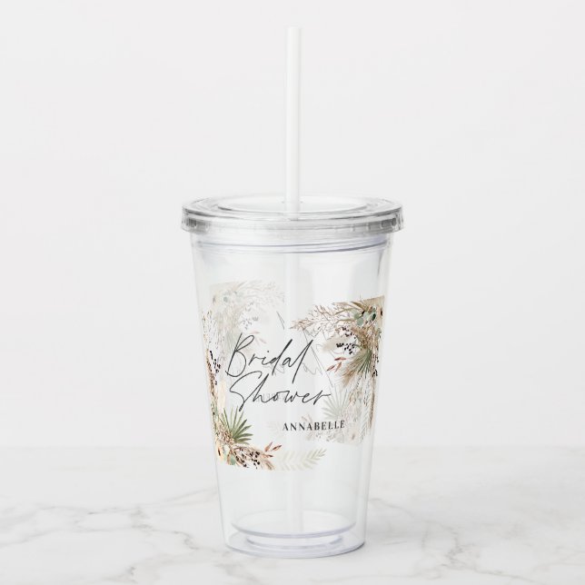 Bridal shower pampas grass floral modern elegant acrylic tumbler (Front)