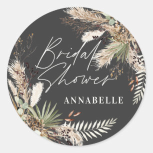 Bridal shower pampas grass modern black elegant  classic round sticker
