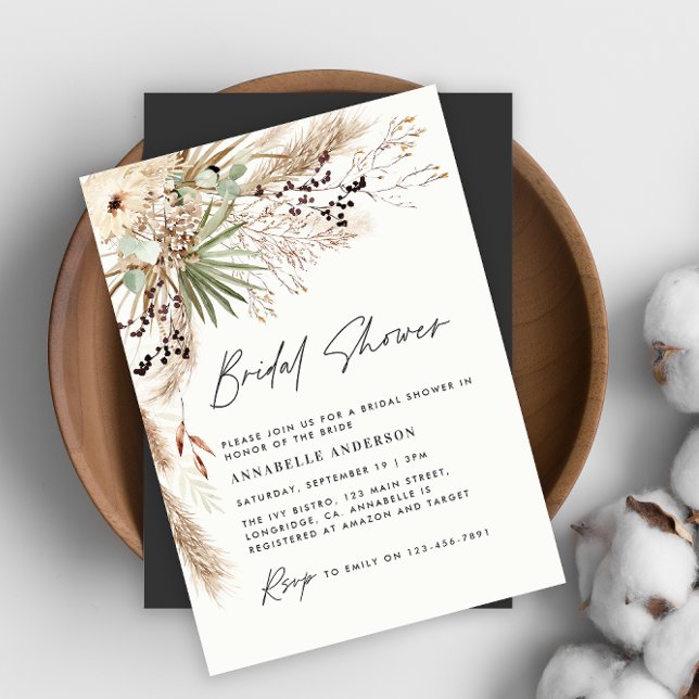 Bridal shower pampas grass modern black elegant invitation (Creator Uploaded)