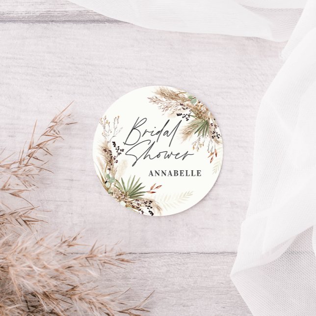 Bridal shower pampas grass modern black elegant sq classic round sticker (Creator Uploaded)