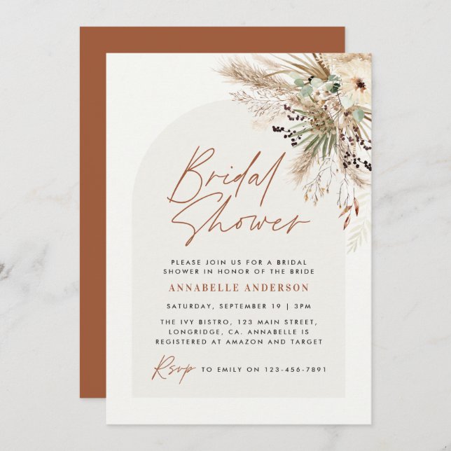 Bridal shower pampas grass modern boho elegant inv invitation (Front/Back)