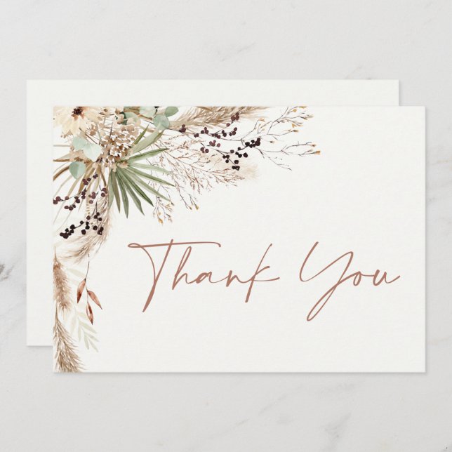 Bridal shower pampas grass modern boho elegant inv thank you card (Front/Back)