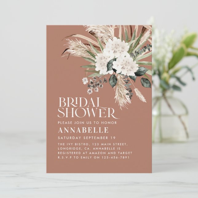 Bridal shower pampas grass modern terracotta invit invitation (Standing Front)