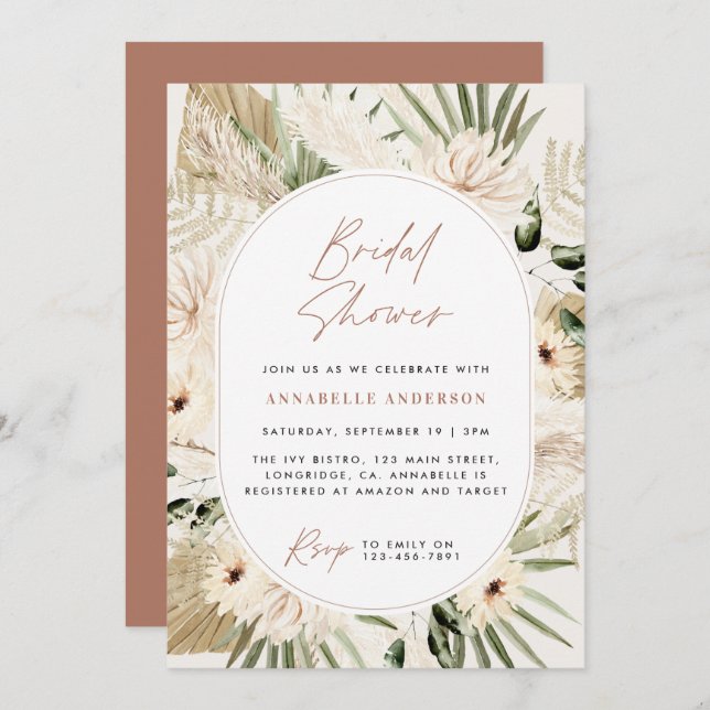 Bridal shower pampas grass modern terracotta invitation (Front/Back)