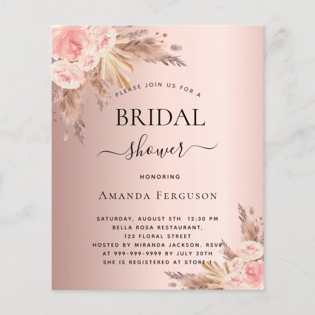 Bridal shower pampas grass rose budget invitation flyer (Front)