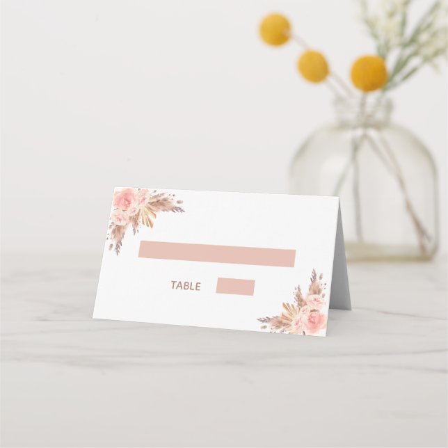 Bridal shower pampas grass rose gold blush florals place card (Front)