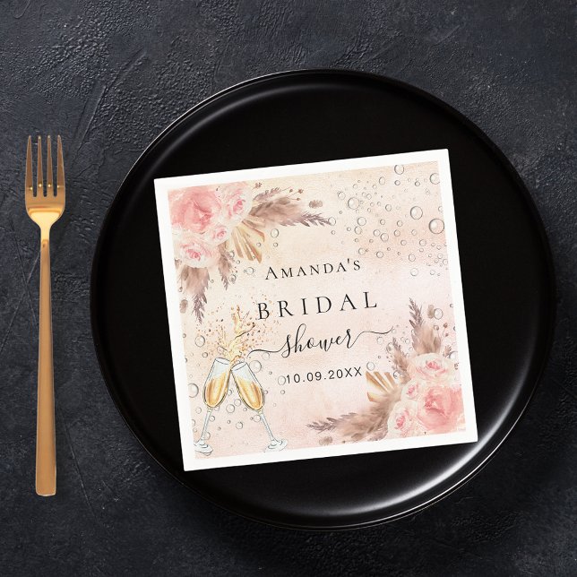 Bridal Shower pampas grass rose gold bubbly Napkin (Creator Uploaded)