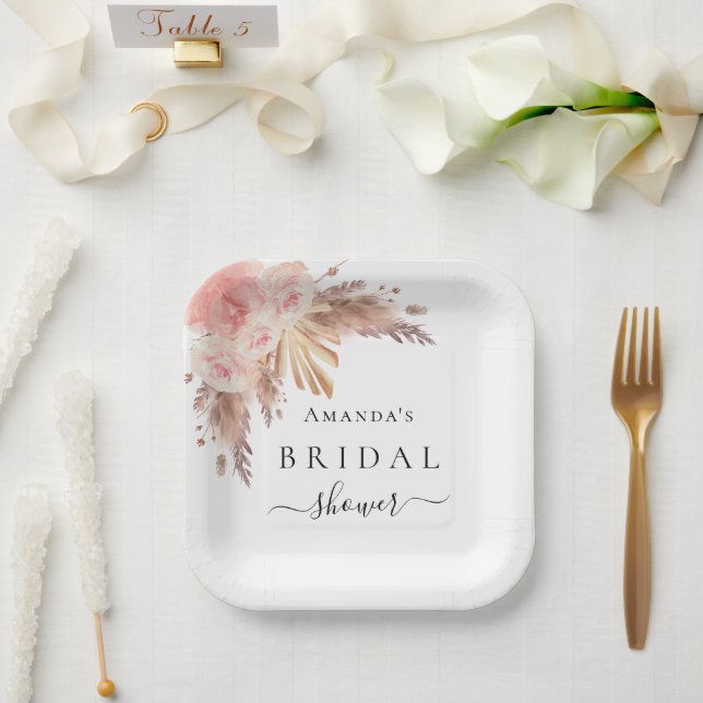 Bridal Shower pampas grass rose gold floral Paper Plate (Wedding)
