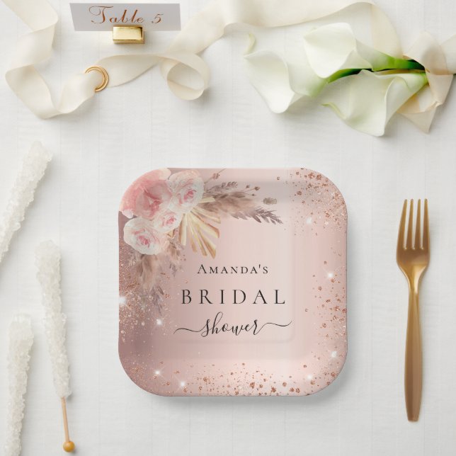 Bridal Shower pampas grass rose gold floral Paper Plate (Wedding)