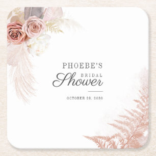 Bridal Shower Pampas Grass Tan Terracotta Square Paper Coaster