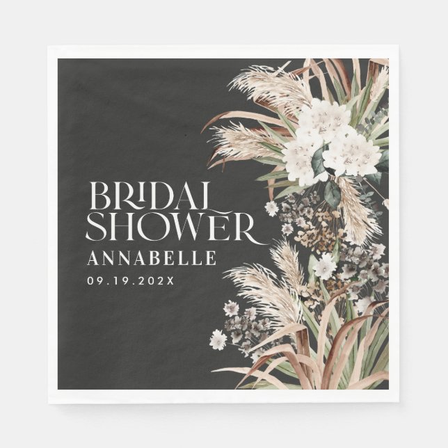 Bridal shower pampas modern elegant black boho napkin (Front)