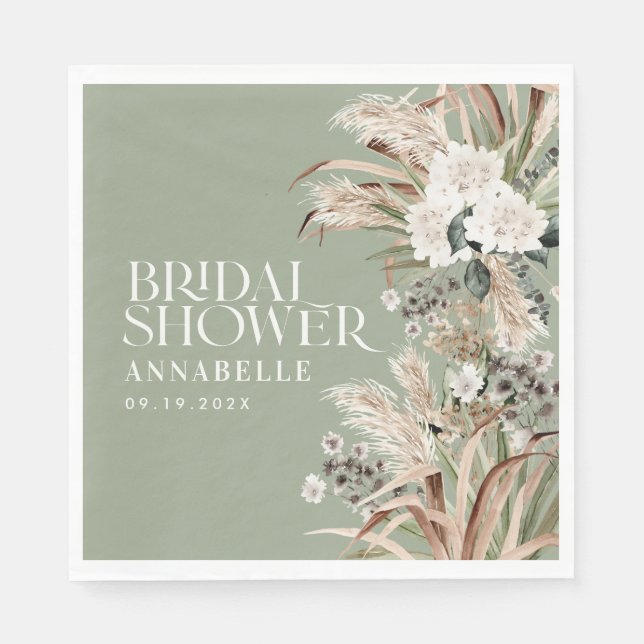 Bridal shower pampas modern elegant sage green napkin (Front)