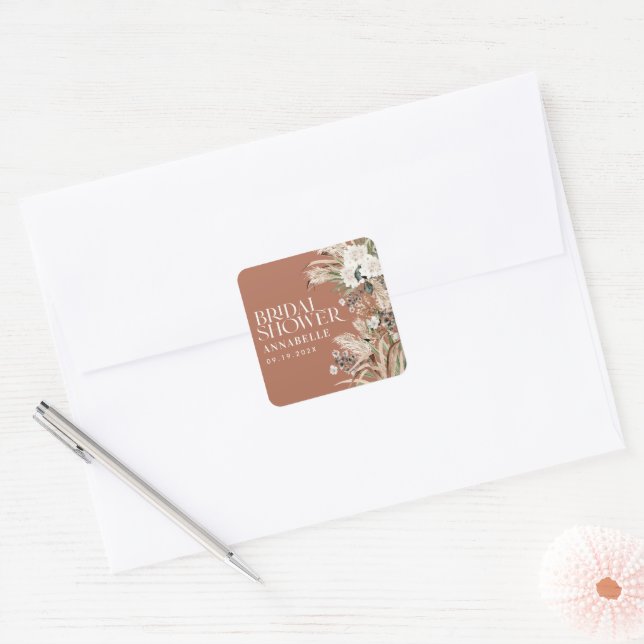 Bridal shower pampas modern elegant terracotta square sticker (Envelope)