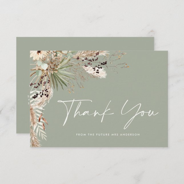 Bridal shower pampas modern sage green thank you invitation (Front/Back)