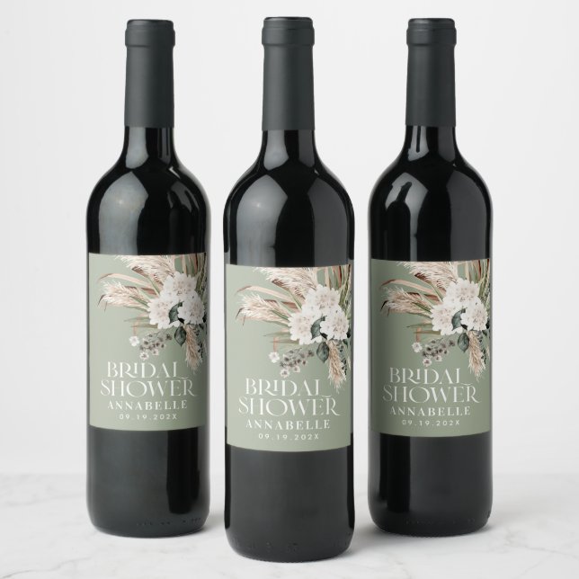 Bridal shower pampas sage green modern elegant  wine label (Bottles)