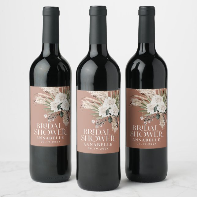 Bridal shower pampas terracotta modern elegant wine label (Bottles)