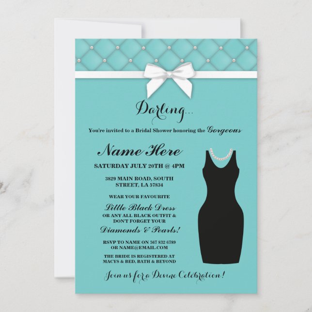 Bridal Shower Party Blue Black Dress Pearls Invite (Front)