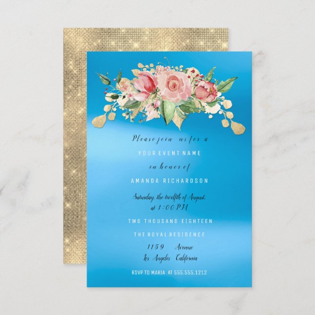 Bridal Shower Party Blue Painted Flower Watercolor Invitation (Front/Back)