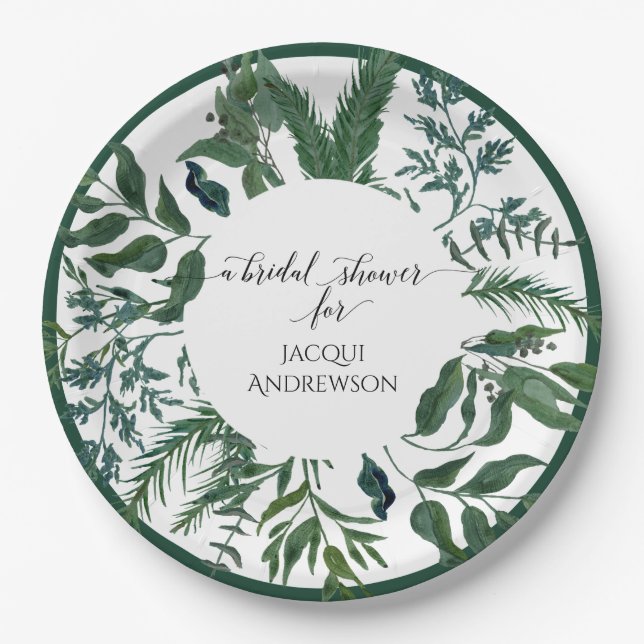 Bridal Shower Party Decor | Emerald Forest Foliage Paper Plate (Front)