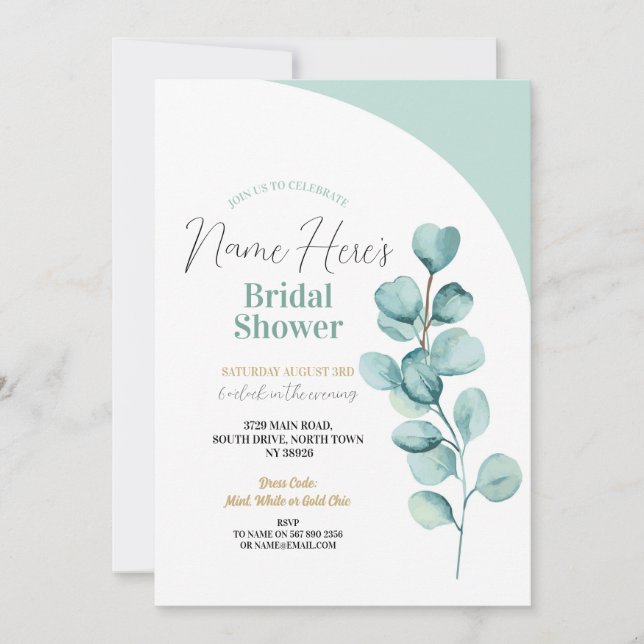 Bridal Shower Party Eucalyptus Green Leaves Mint Invitation (Front)