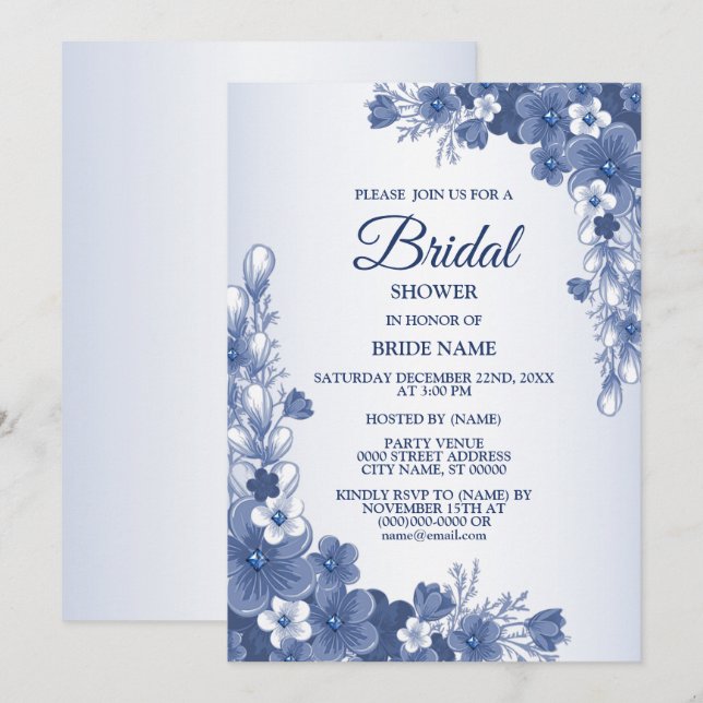 Bridal Shower Party Floral Blue Grey Rustic Invitation (Front/Back)