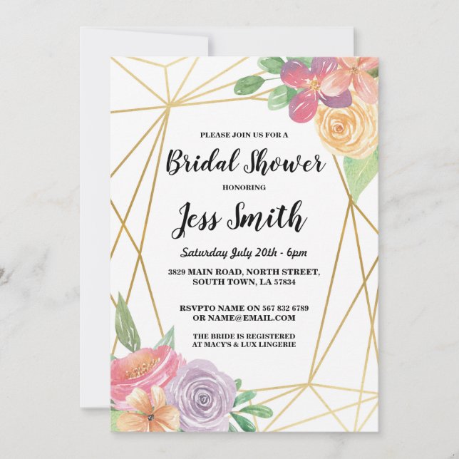 Bridal Shower Party Gold Frame Floral Invite (Front)