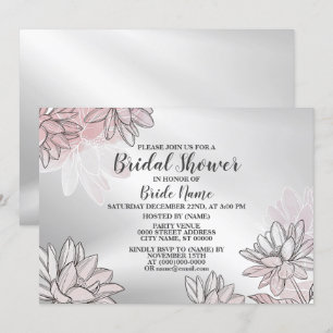 Bridal Shower Party Pink Flowers Watercolor Silver Invitation