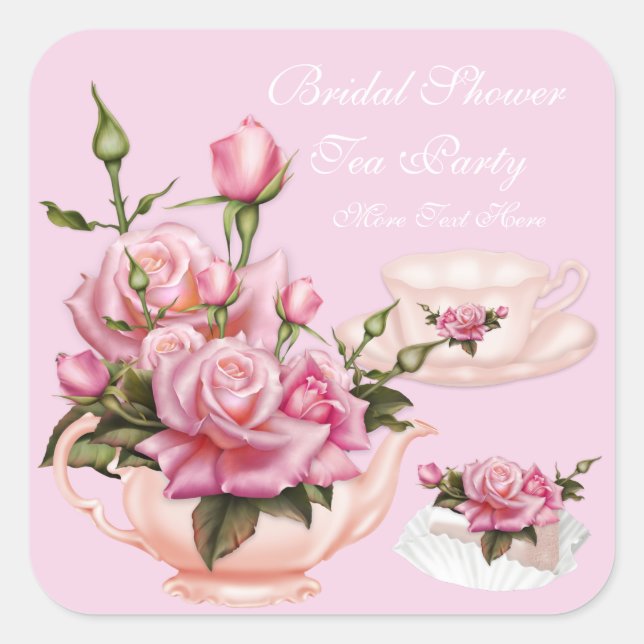 Bridal Shower Party Pink Rose Floral Teapot 3 Square Sticker (Front)
