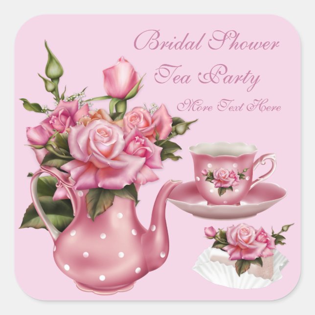 Bridal Shower Party Pink Rose Floral Teapot 5 Square Sticker (Front)