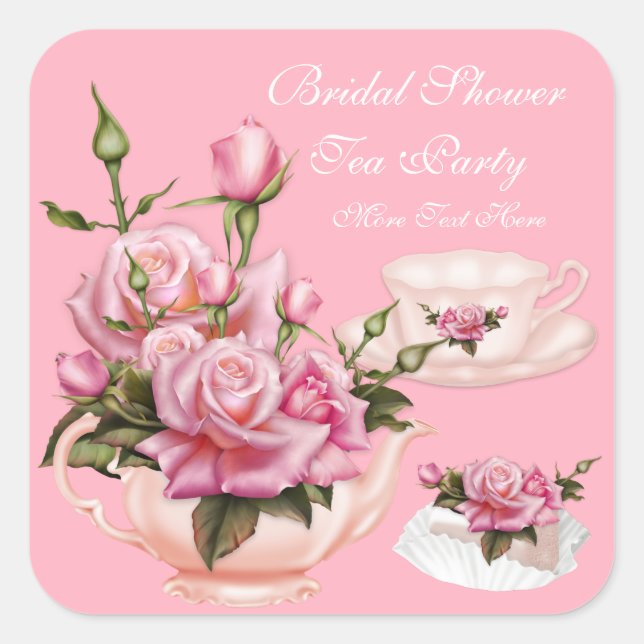 Bridal Shower Party Pink Rose Floral Teapot Square Sticker (Front)