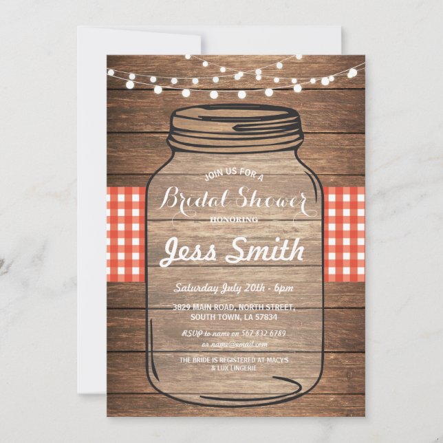 Bridal Shower Party Red Gingham Jar Wood Invite (Front)