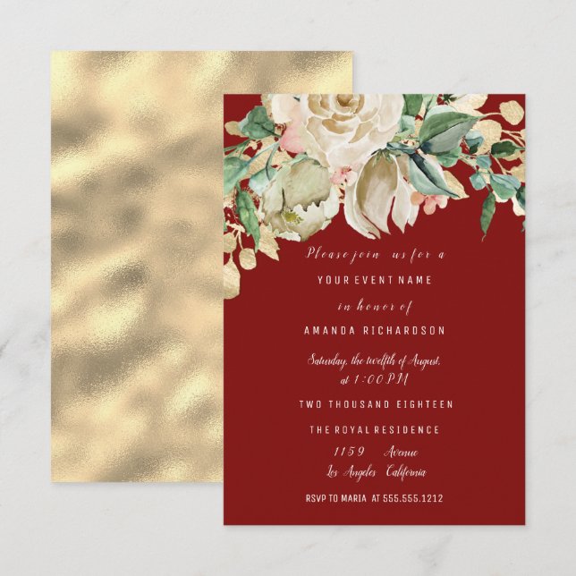 Bridal Shower Party Rose Painted Floral Burgundy Invitation (Front/Back)