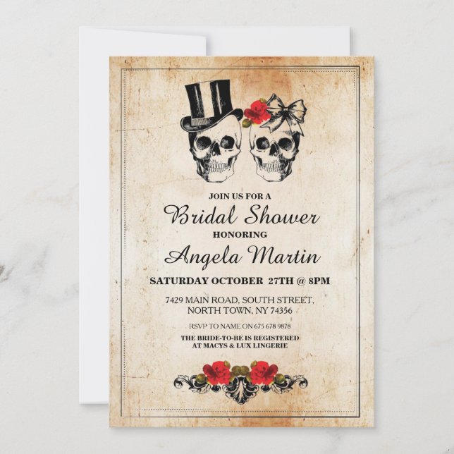 Bridal Shower Party Rose Skull Halloween Invite (Front)