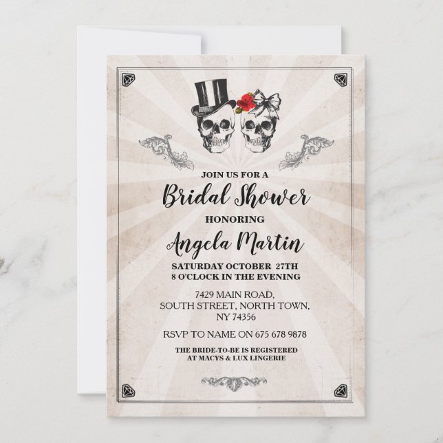 Bridal Shower Party Rose Skull Halloween Invite (Front)