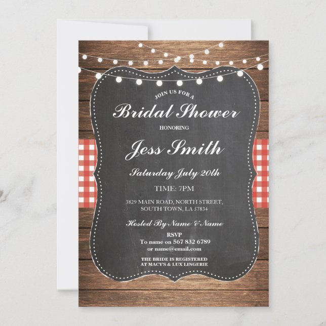Bridal Shower Party Rustic Burlap Red Wood Invite (Front)