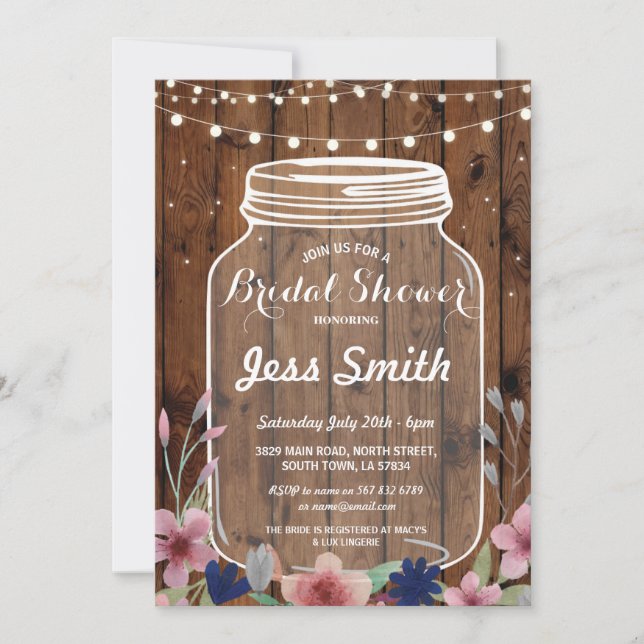 Bridal Shower Party Rustic Jar Wood Floral Invite (Front)