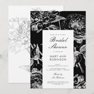 Bridal Shower Party Simple Floral Silver Black Invitation