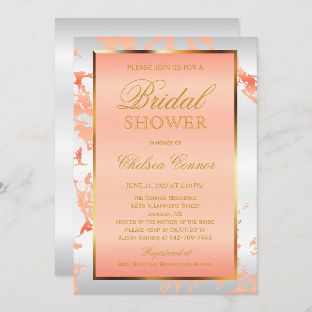 Bridal Shower - Peach Marble, White & Gold Invitation (Front/Back)
