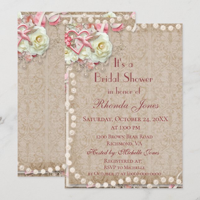 Bridal Shower Pearls Pink and Brown Invitation (Front/Back)