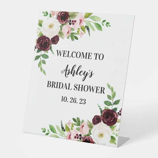 Bridal Shower Pedestal Sign Maroon Burgundy Flower (Front)