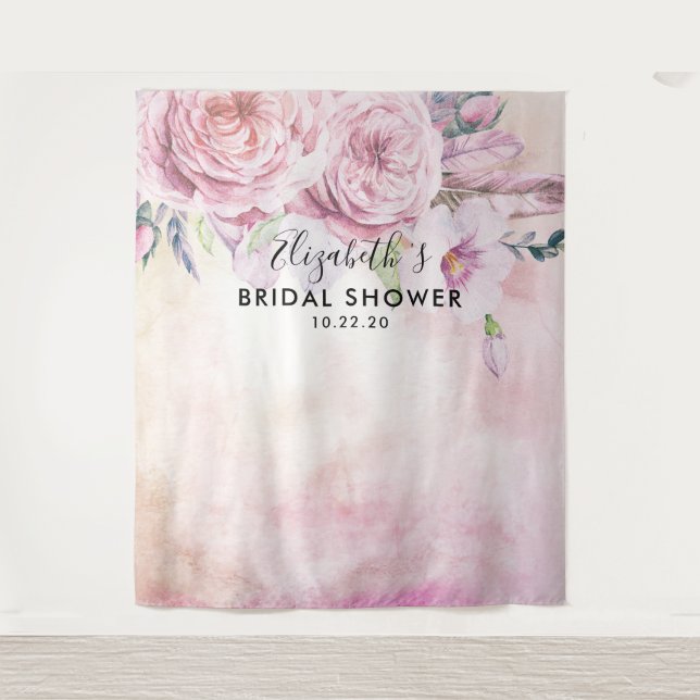 Bridal Shower Photo Backdrop Boho Flowers Feathers Tapestry (Front)