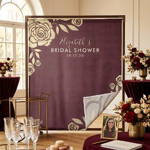 Bridal Shower Photo Backdrop Burgundy Golden Roses Tapestry